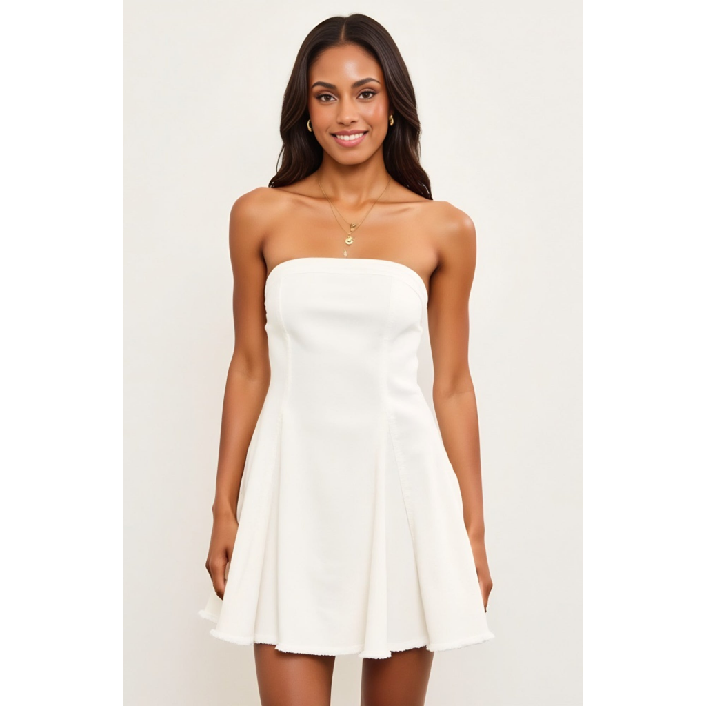 Modenaire Strapless Fit-and-flare Mini Denim Dress With Raw Edge Hem Detail