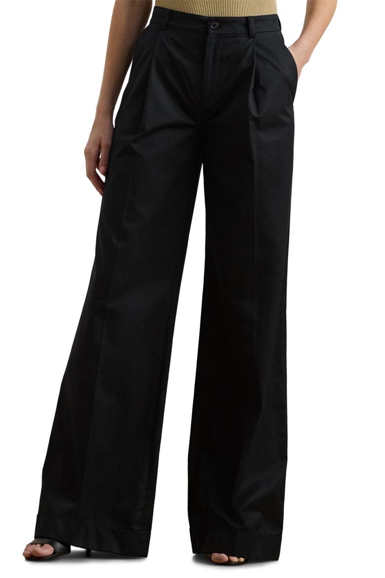 Pleat Front Wide Leg Cotton Twill Pants, Main, color, BLACK