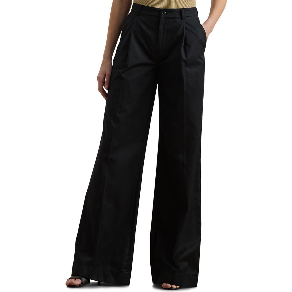 Ralph Lauren Lauren Pleat Front Wide Leg Cotton Twill Pants In Black