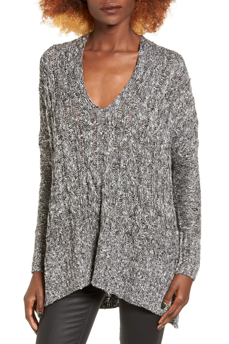 Marled Cable Knit Pullover, Main, color, BLACK/ WHITE MARLED