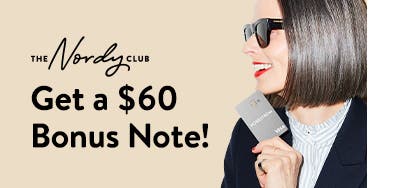 Get a sixty-dollar Bonus Note! Woman holding a Nordstrom credit card.