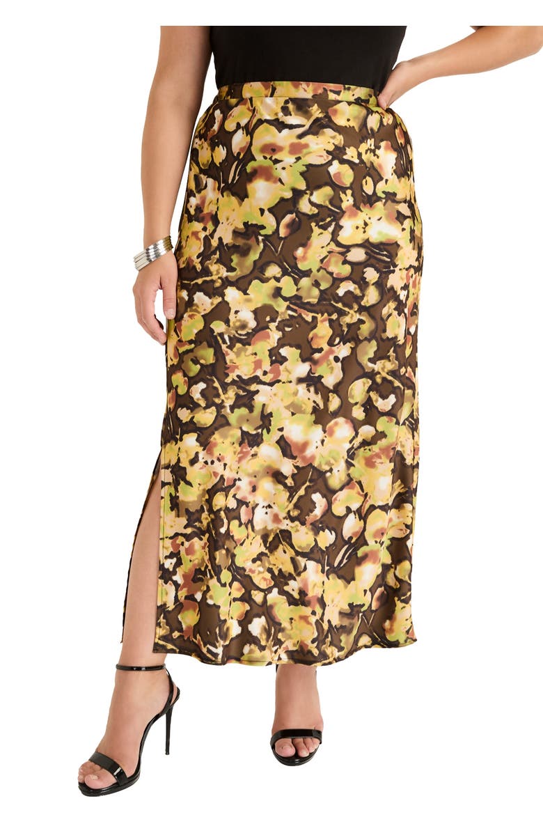 June + Vie Satin Side-Slit Midi Skirt, Main, color, Watercolor Floral