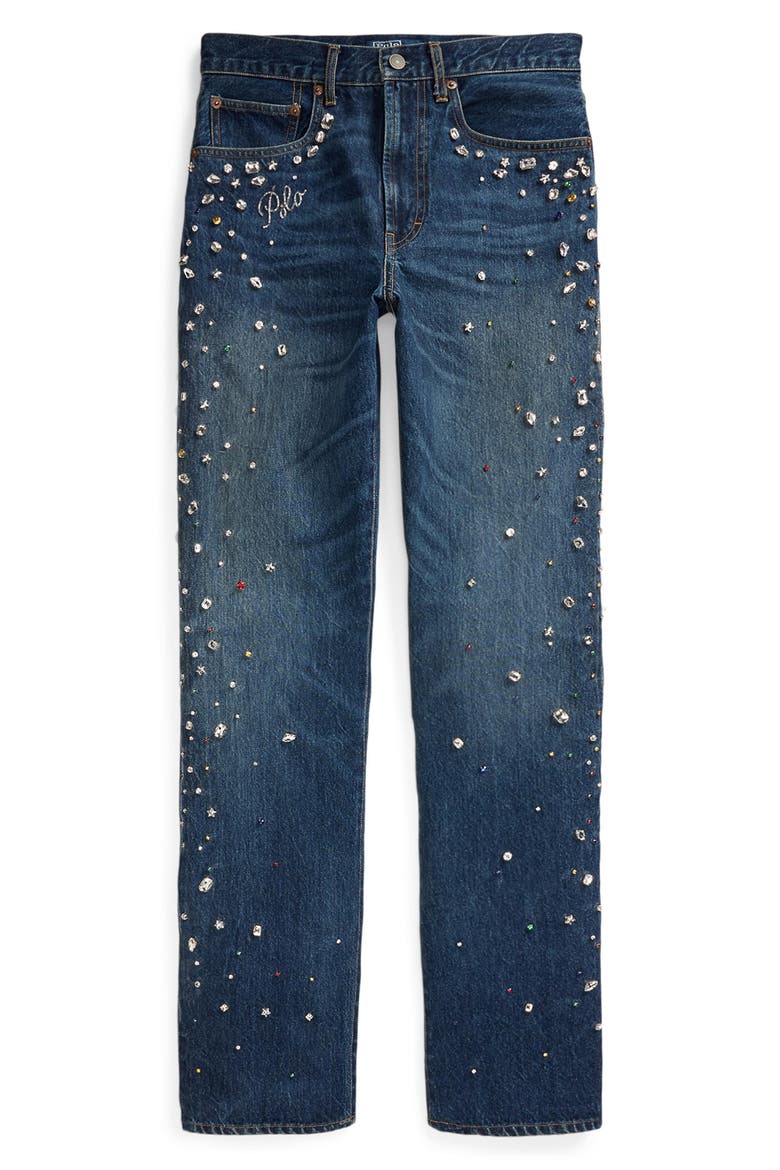 Rhinestone Embellished High Waist Relaxed Straight Leg Jeans, Alternate, color, LUGO WASH