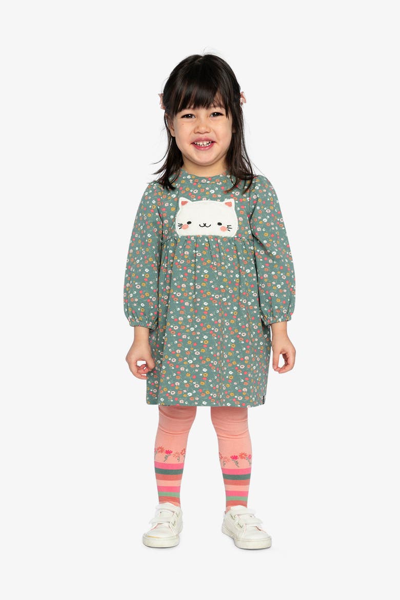 Organic Cotton Fleece Cat Gathered Skirt Dress, Alternate, color, Green Floral Print