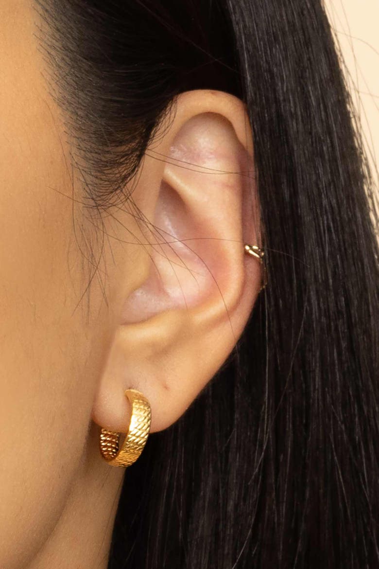 14K Yellow Gold Moto Mini Hoops, Alternate, color, Yellow Gold