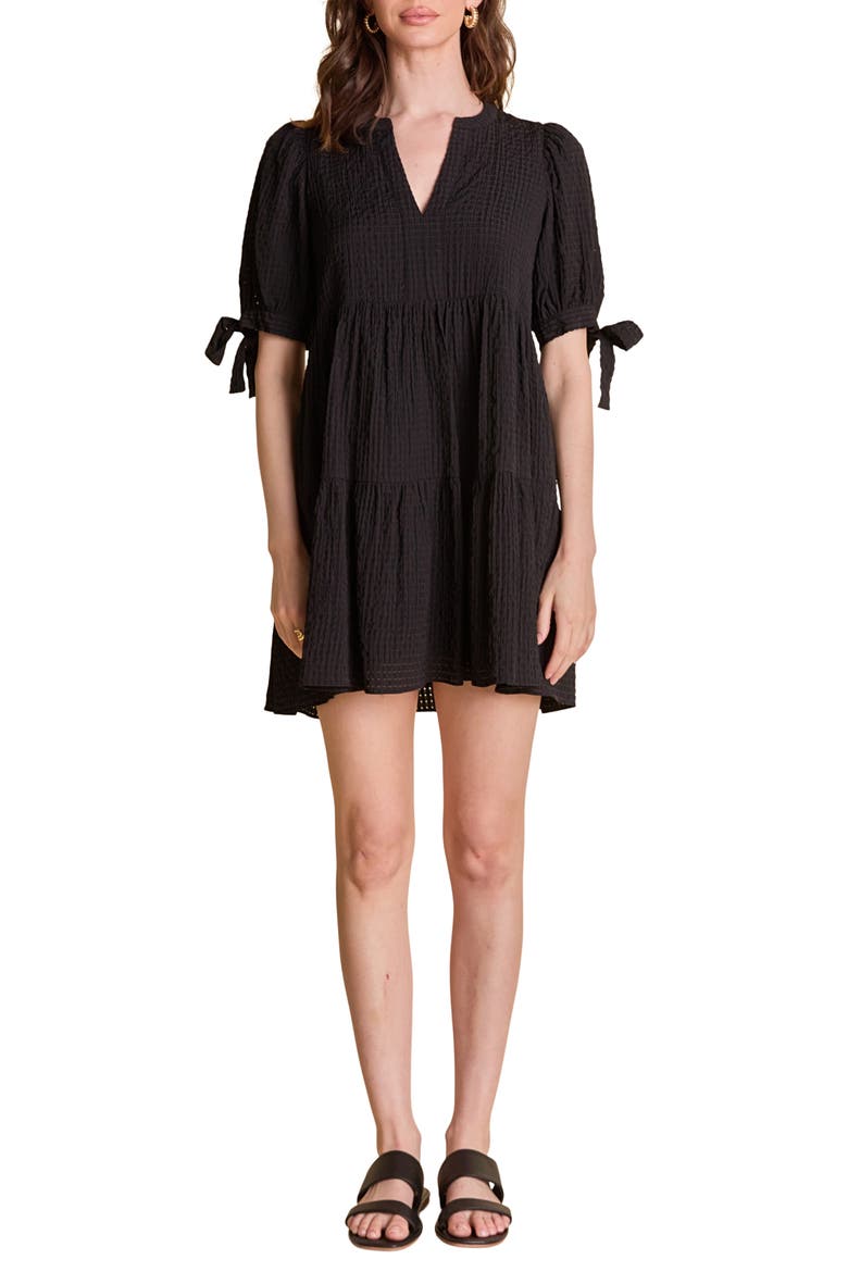 Texture Puff Sleeve Dress, Main, color, BLACK