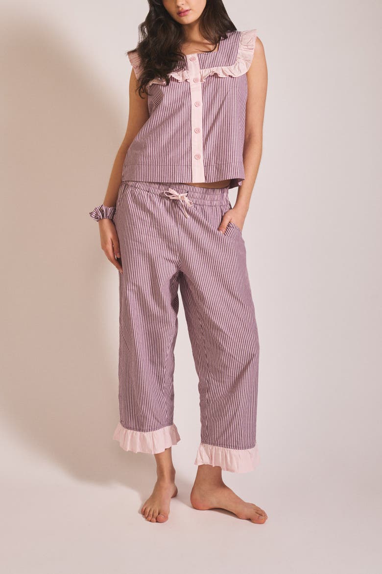 Cotton Ruffle Cropped Pajamas, Alternate, color, Burgundy Stripe Ruffle