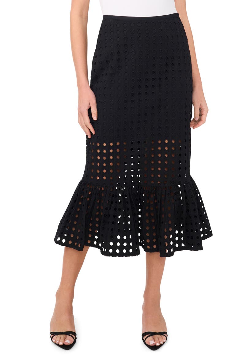 Eyelet Ruffle Hem Cotton Midi Skirt, Main, color, RICH BLACK