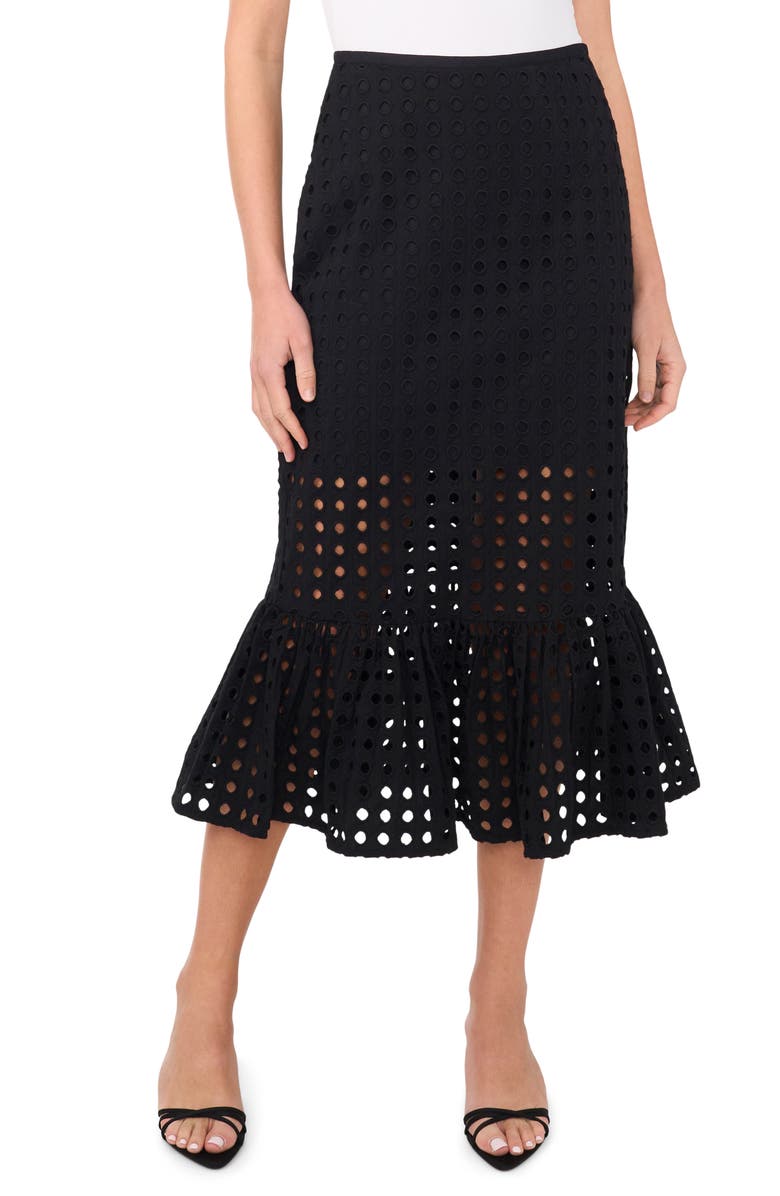 CeCe Eyelet Ruffle Hem Cotton Midi Skirt, Main, color, Rich Black