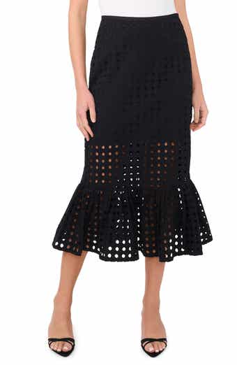 Eyelet Ruffle Hem Cotton Midi Skirt