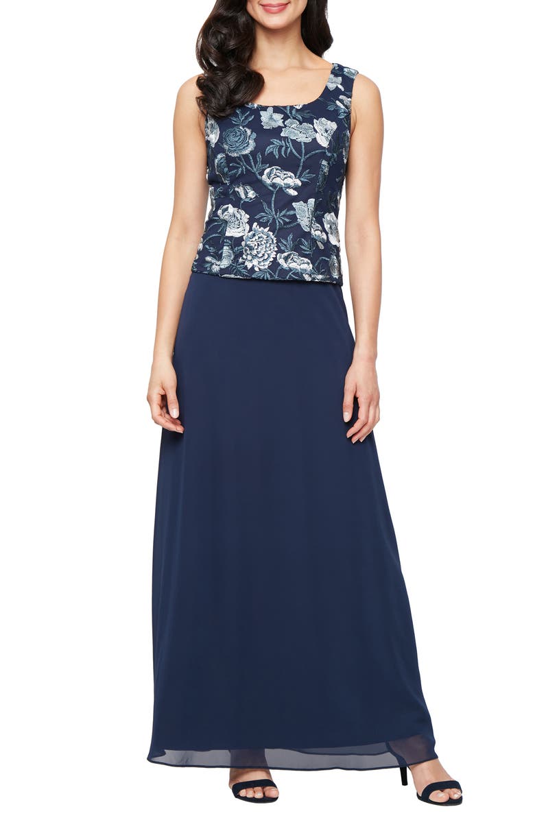 Alex Evenings Floral Embroidered Mock Two-Piece Gown with Jacket, Alternate, color, Navy Multi