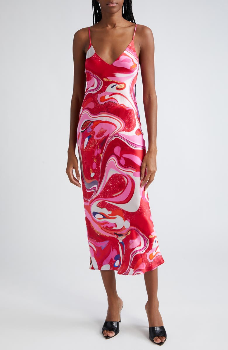 L'AGENCE Serdie Silk Midi Slipdress, Main, color, Pink Multi Tie Dye Swirl