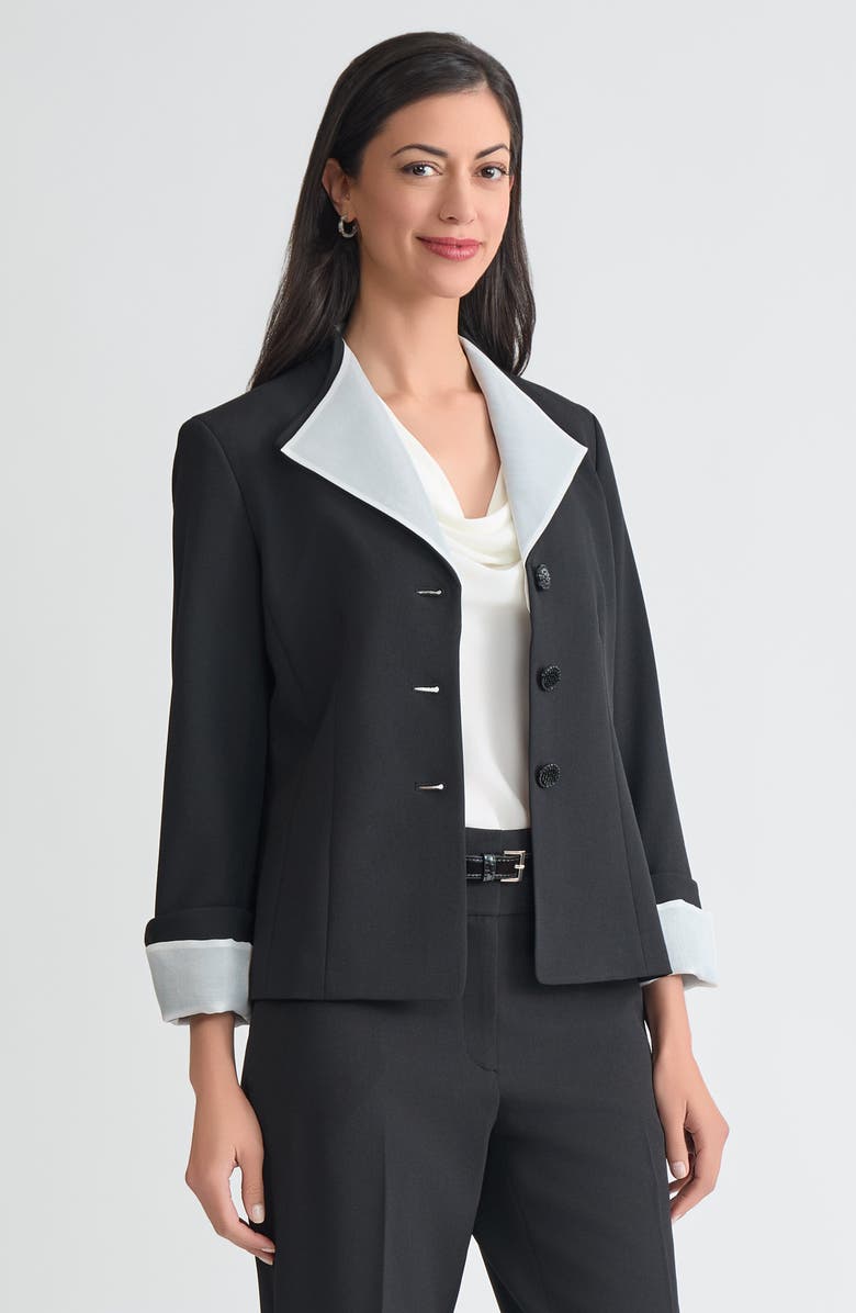 KASPER Winged Lapel Three-Button Blazer, Alternate, color, Black/ Vanilla Ice
