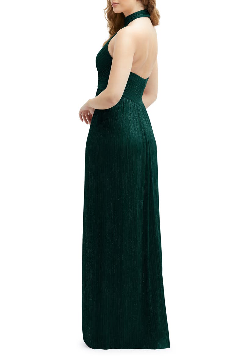 Metallic Pleated Halter Column Gown, Alternate, color, EVERGREEN METALLIC