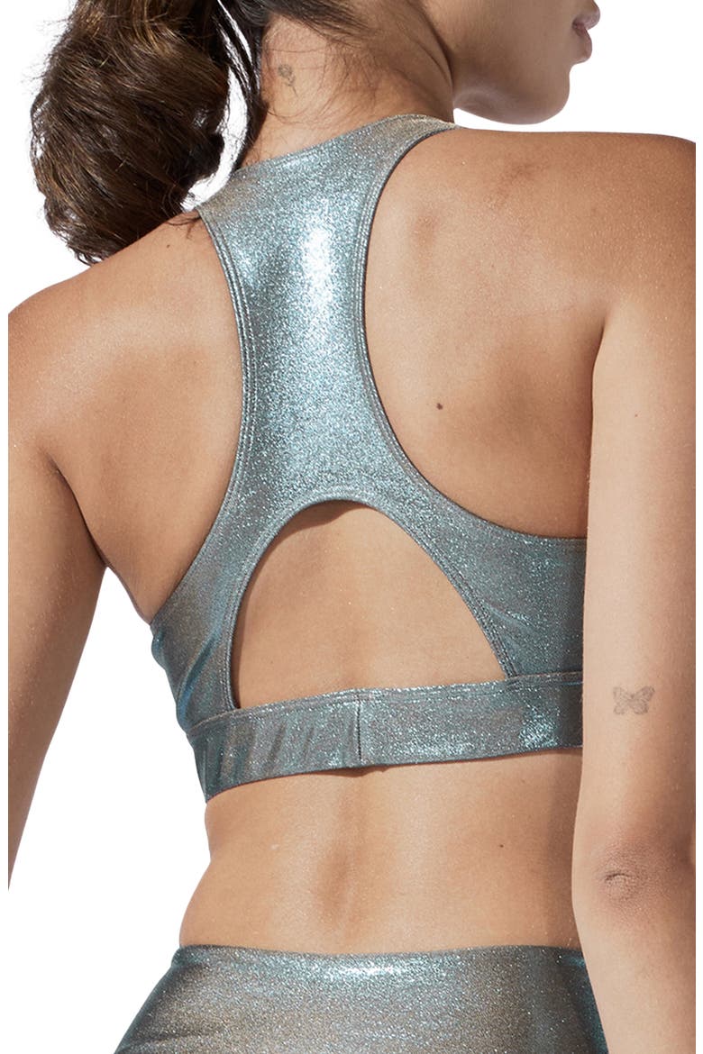 Radiance Metallic Racerback Sports Bra, Alternate, color, BLUESTONE