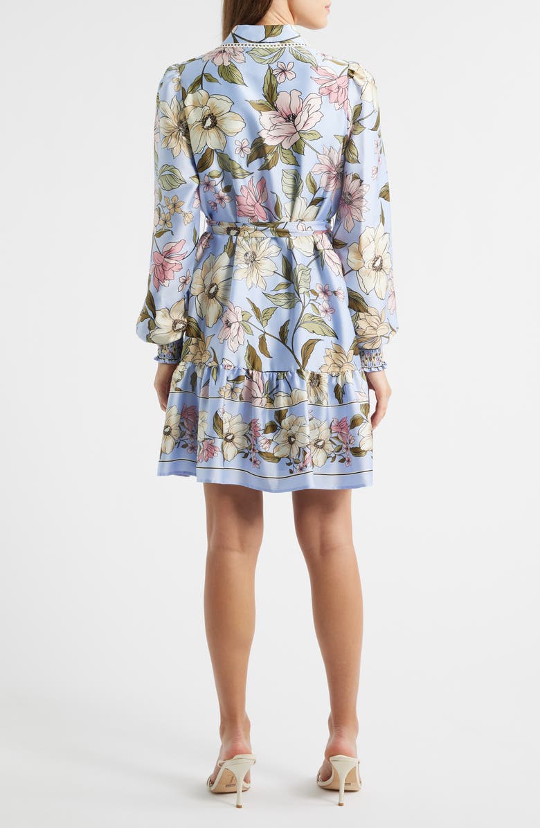 Anne Klein Floral Print Long Sleeve Satin Shirtdress, Alternate, color, Surf Blue Multi