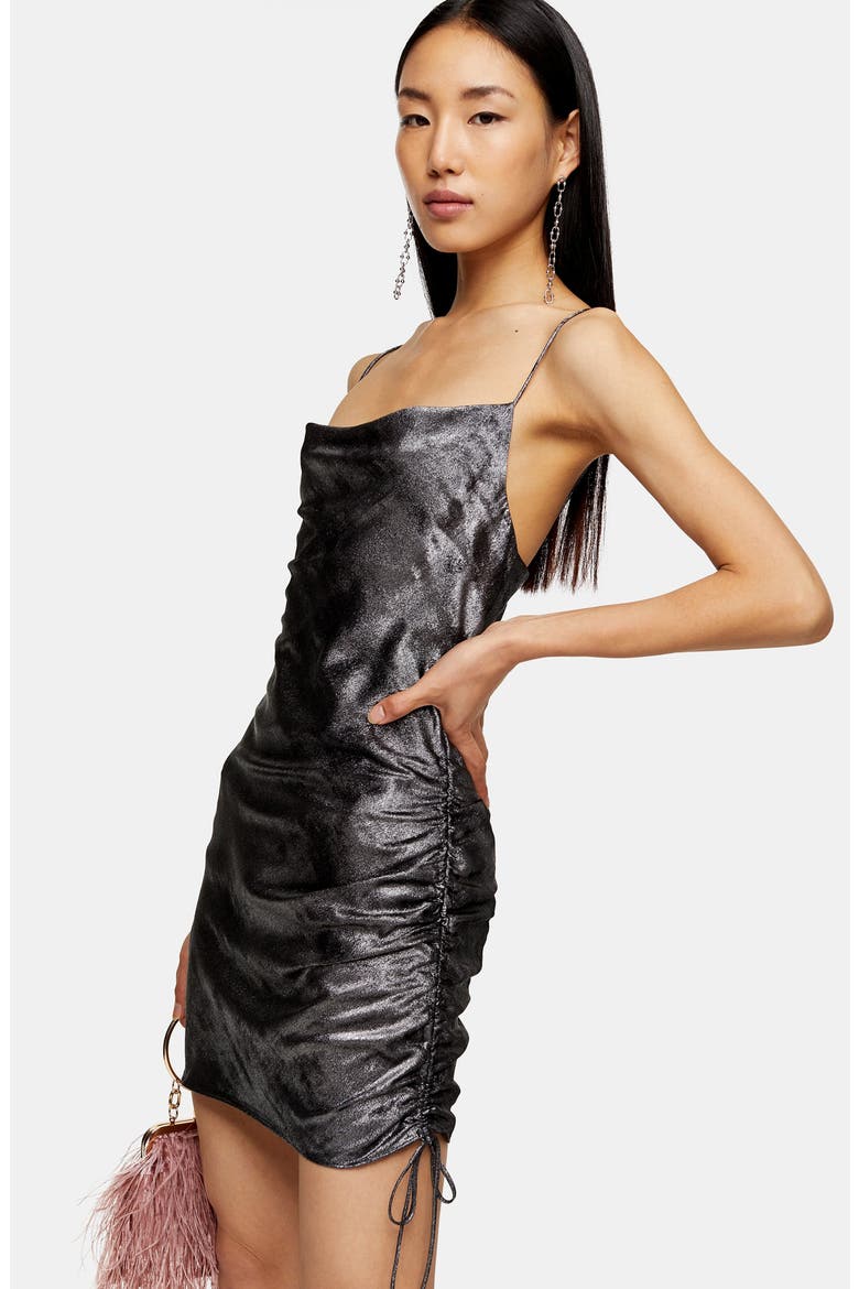 Metallic Ruched Mini Slipdress, Alternate, color, GUNMETAL