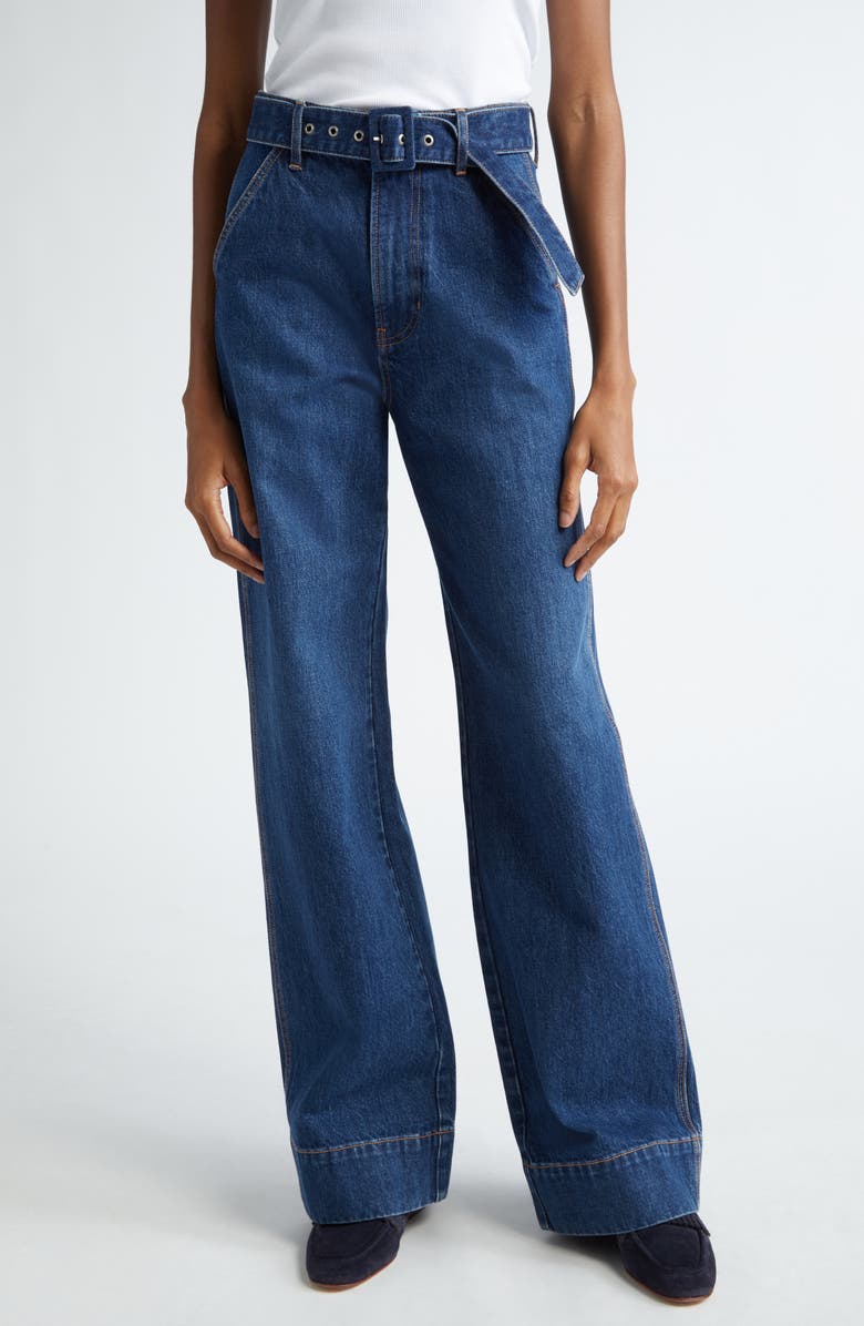 Veronica Beard Taylor Belted High Waist Wide Leg Jeans, Main, color, Dusted Oxford