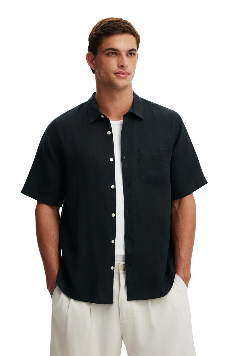 Cotton On Men's Relaxed Linen Short Sleeve Shirt, Main, color, Faded Black