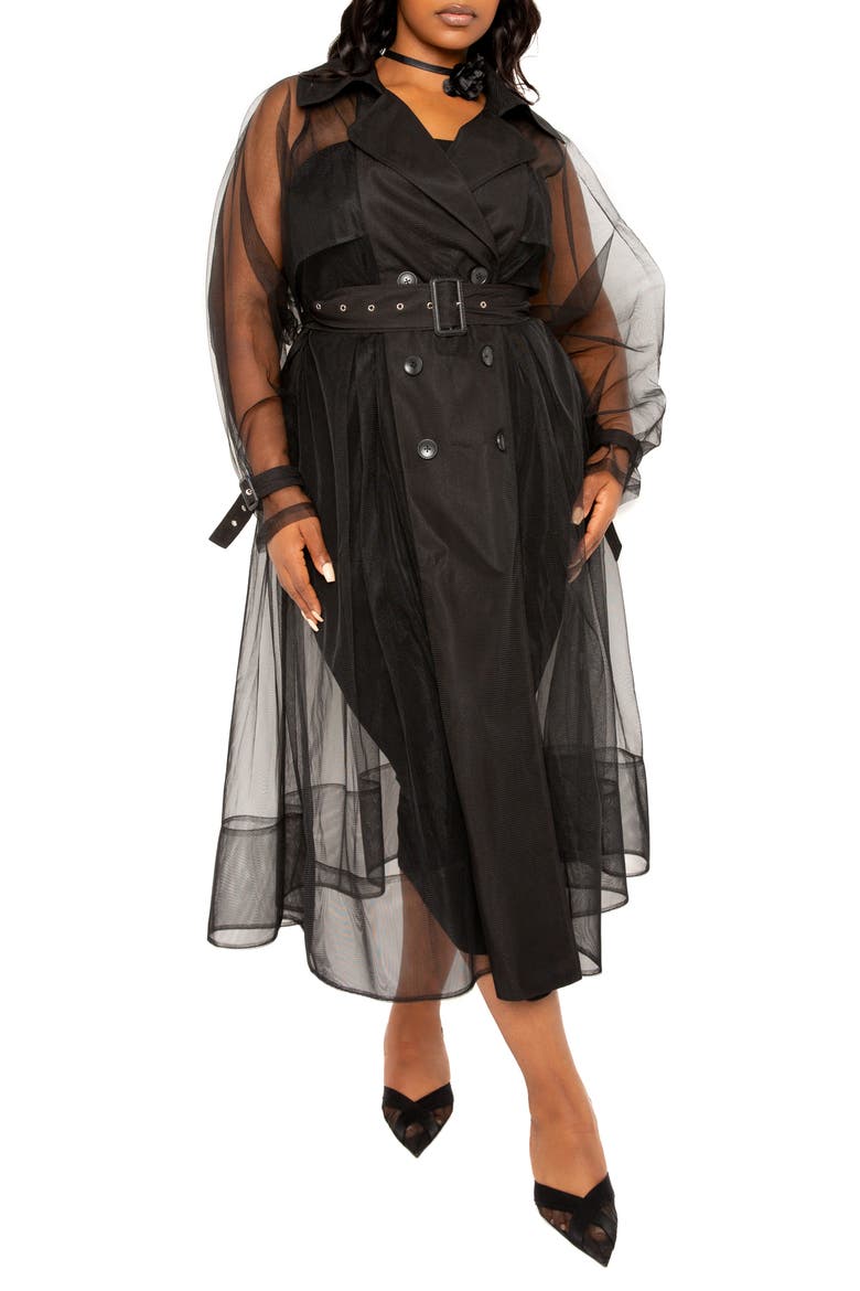Belted Sheer Tulle Trench Coat, Main, color, BLACK