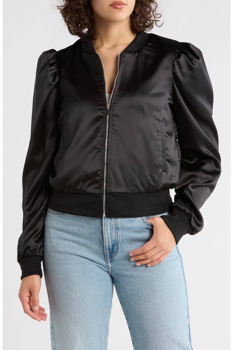 Amma Crop Satin Bomber Jacket, Main, color, BLACK