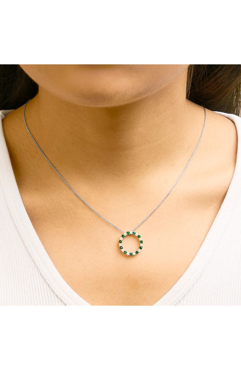 Haus of Brilliance Silver Alternating Created Green Emerald and Opal Circle Pendant Necklace, Alternate, color, White
