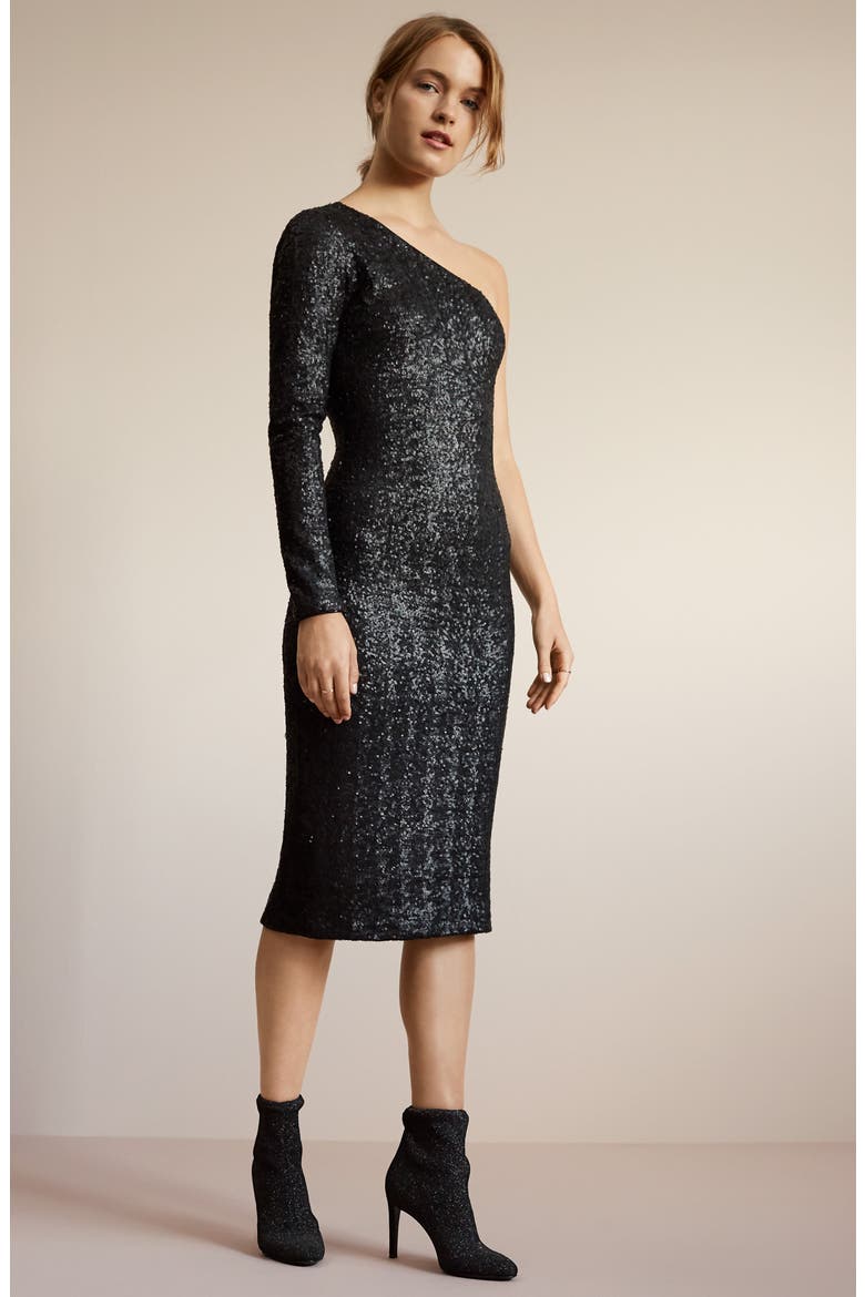 Chrissie Sequin One-Shoulder Cocktail Dress, Alternate, color, NAVY