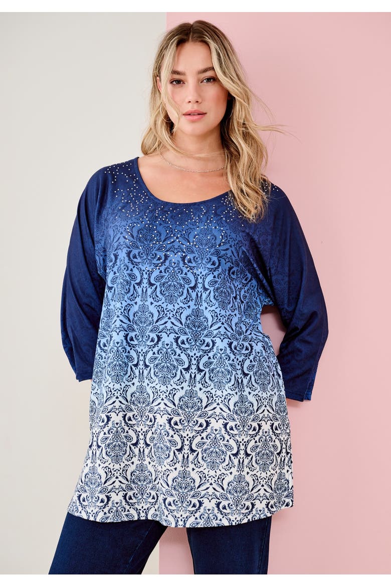 Three Quarter Sleeve Embellished Tunic, Alternate, color, BLUE MEDALLION OMBRE