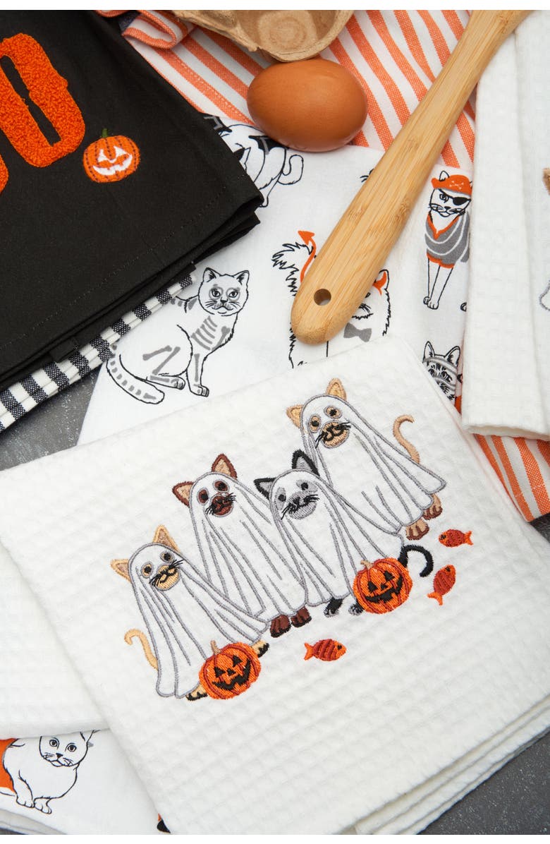 C&F Home Ghost Costume Cats Halloween 100% Cotton Waffle Weave Kitchen Dishtowel, Alternate, color, White