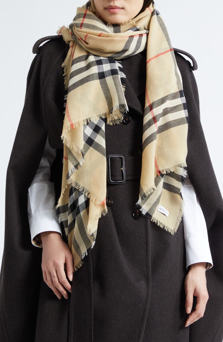 Burberry Check Wool Scarf, Alternate, color, Sand
