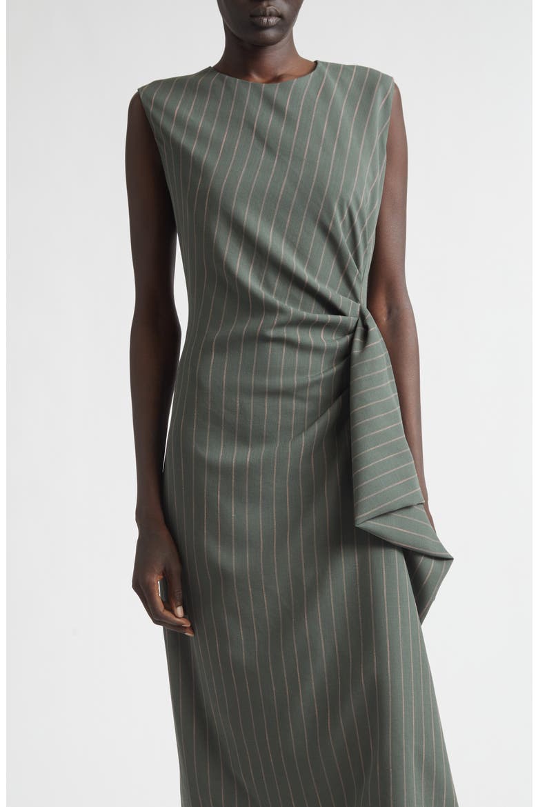 Stripe Draped Wool Crepe Midi Dress, Alternate, color, FOREST