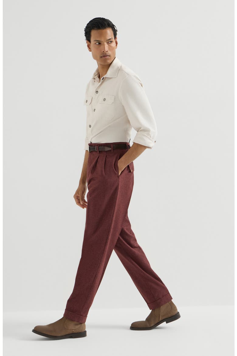 Virgin wool and cashmere flannel trousers with double pleats, Alternate, color, Burned