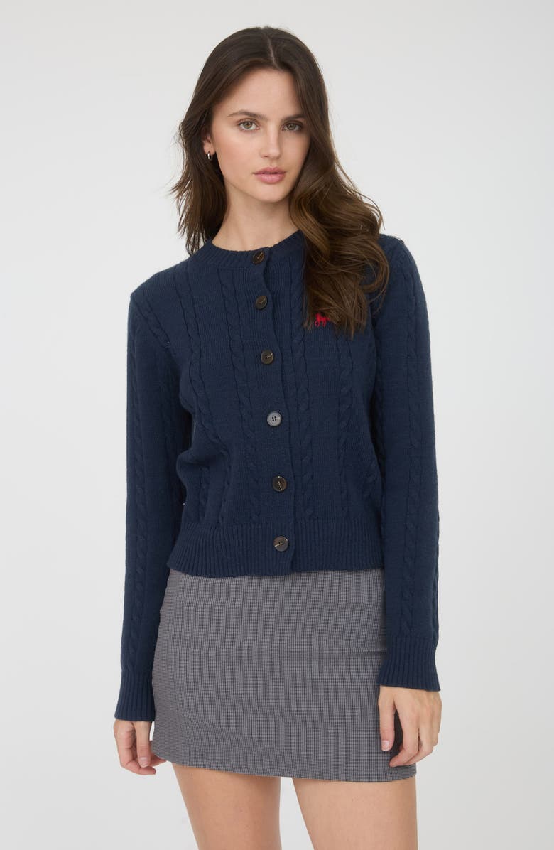 Blu Pepper Embroidered Horse Cable Knit Crop Cardigan, Alternate, color, Navy