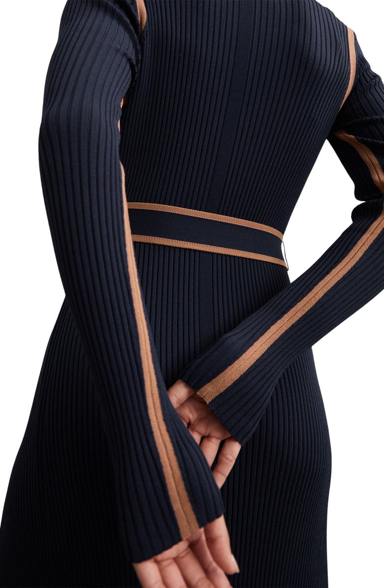 Reiss Ella Belted Long Sleeve Rib Maxi Dress, Alternate, color, Navy/ Camel