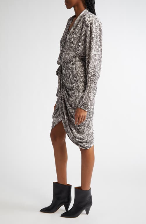 Isabel Marant Cleora Print Draped Long Sleeve Silk Blend Dress In Black/ecru