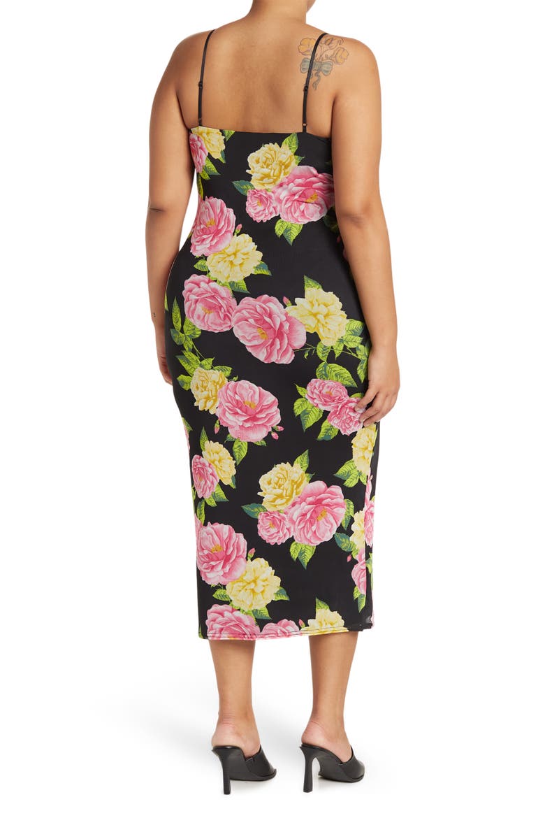 Amina Print Power Mesh Midi Slipdress, Alternate, color, NOIR BOUQUET