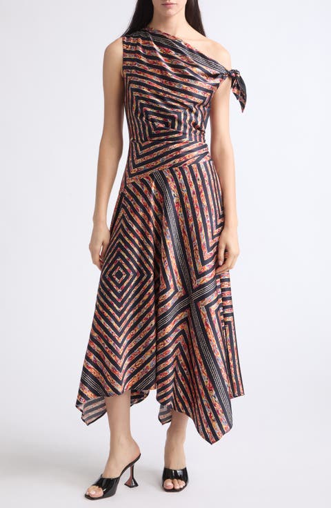 Portia One-Shoulder Stripe Silk Midi Dress