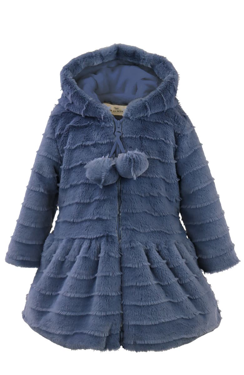Widgeon Faux Fur Hooded Zip Front Pompom Coat, Main, color, Navy Lash Stripe