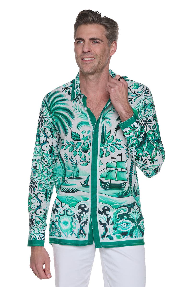 RANEES Extra Trim Fit Print Linen & Cotton Button-Up Resort Shirt, Alternate, color, Emerald