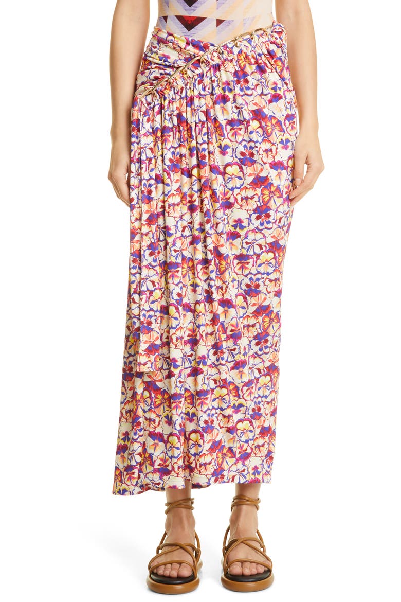 paco rabanne x Fondation Vasarely Ruched Sunny Pansy Chain Detail Jersey Skirt, Main, color, SUNNY PANSY