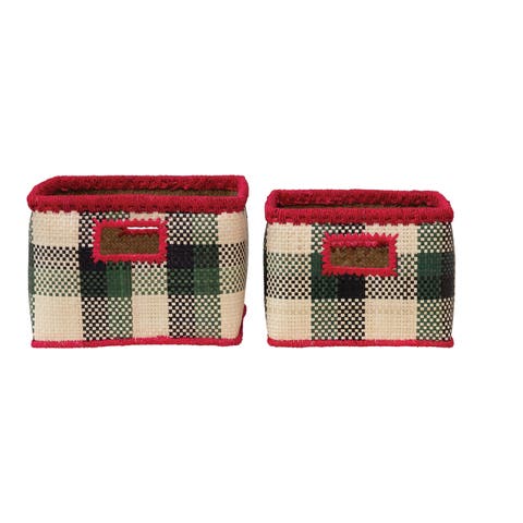 Hand-Woven Seagrass Baskets with Check Pattern & Fuchsia Trim, Black, Green & Natural, Set of 2
