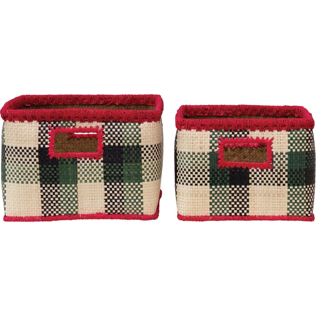 Storied Home Hand-woven Seagrass Baskets With Check Pattern & Fuchsia Trim, Black, Green & Natural, In Red