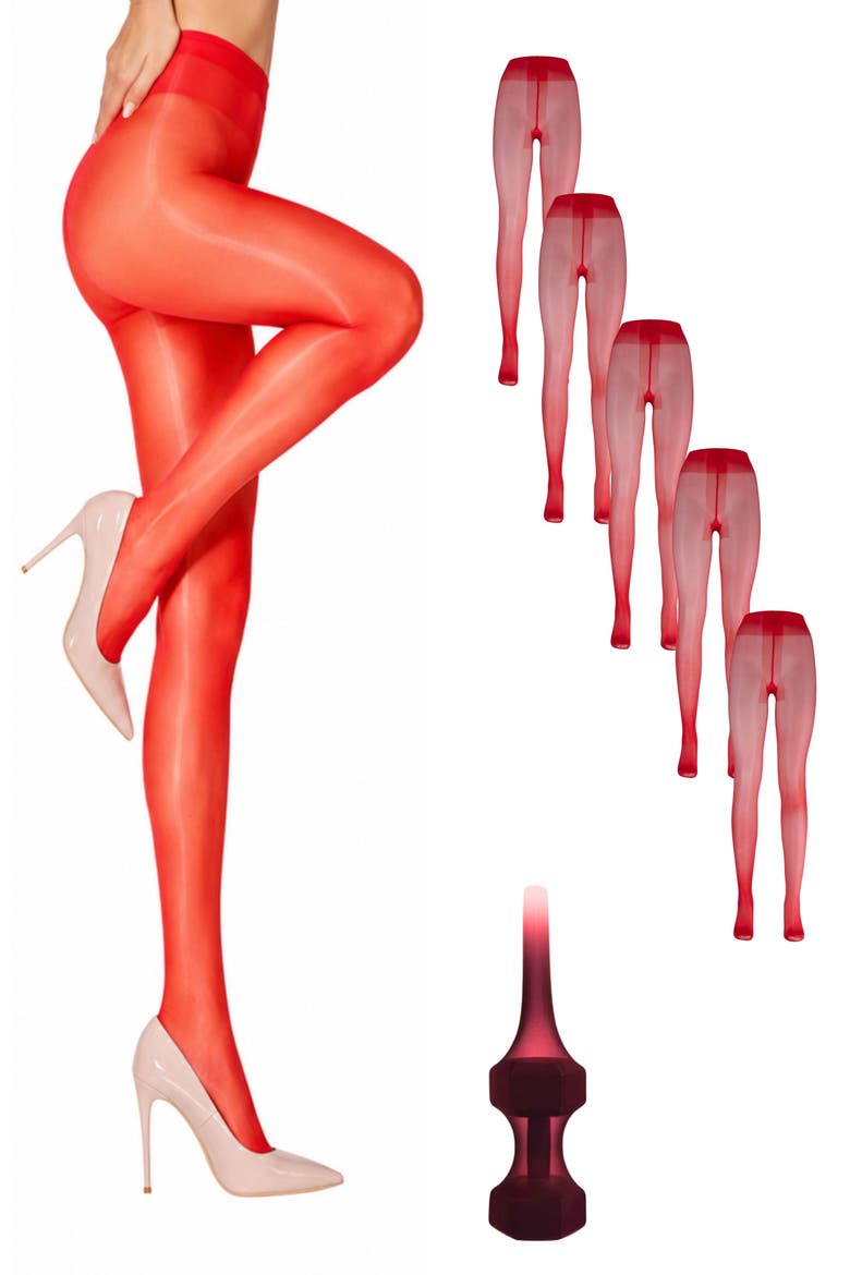 5-Pack Glossy Semi-Sheer Opaque Ladder Resistant Party Evening Tights for Women, Main, color, Red