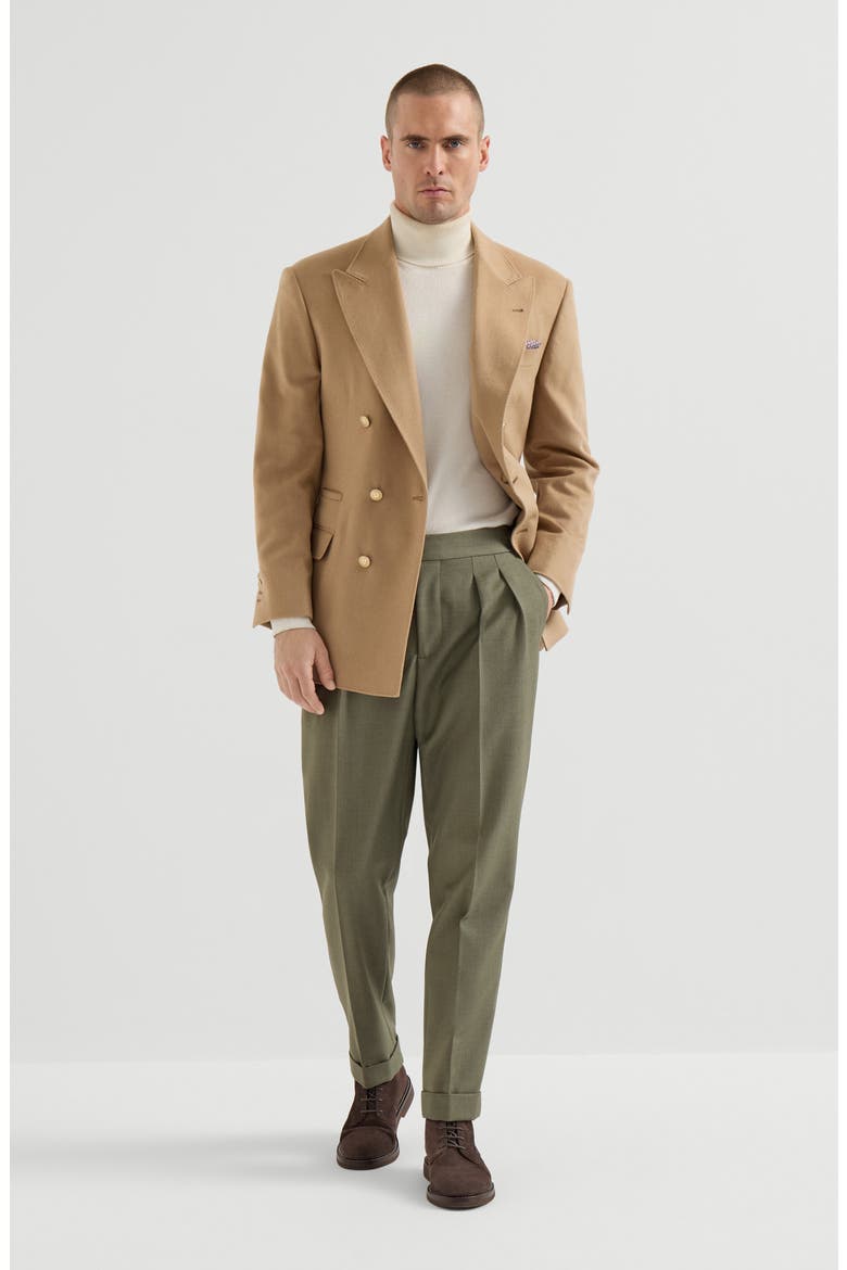 Virgin wool diagonal trousers with reversed double pleats and waist tabs, Alternate, color, Military