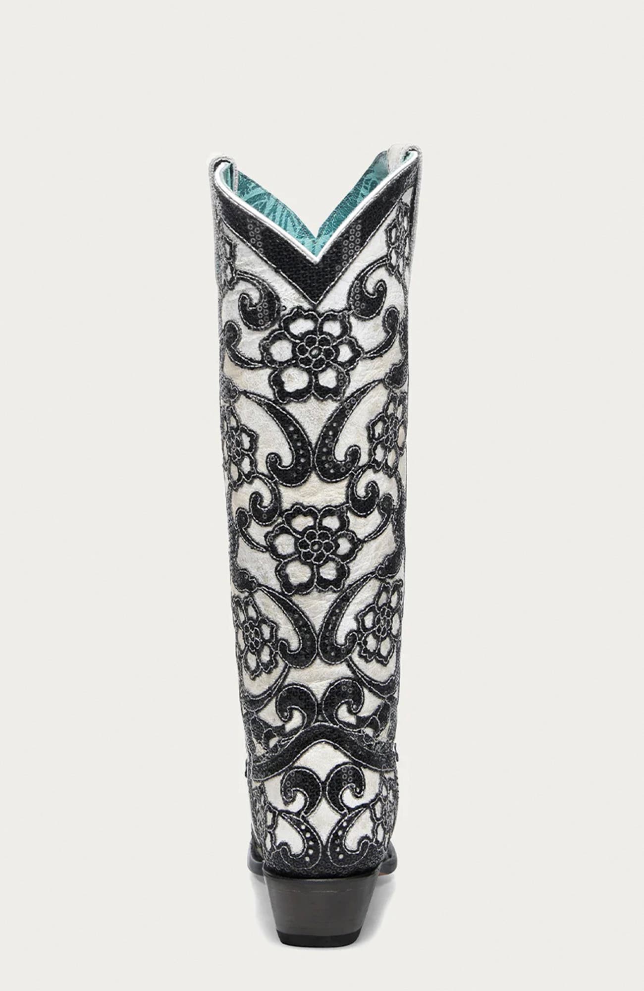 Cowhide Embroidered Overlay Floral Snip Toe Tall Boots, Alternate, color, White/Black