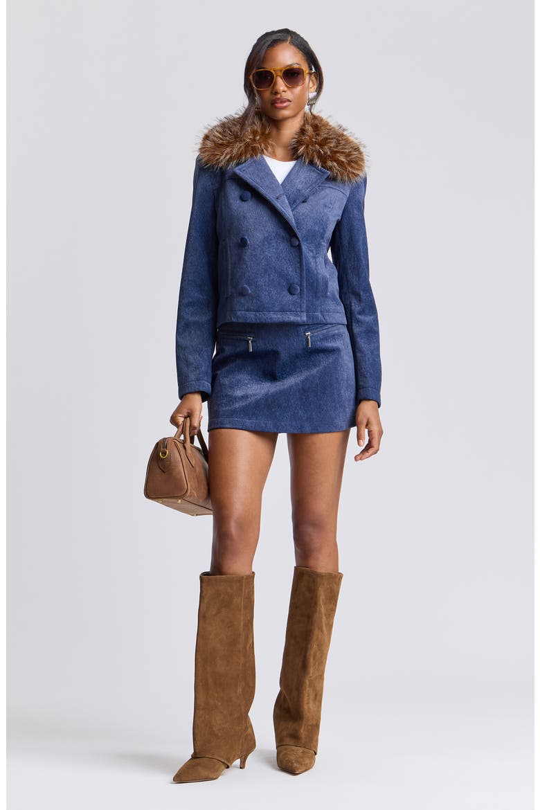 Faux Fur Collar Double Breasted Jacket, Alternate, color, BRIGHT BLUE