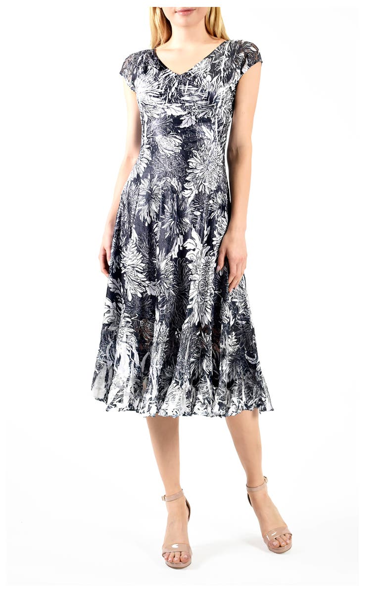 Komarov Dhalia Print Cap Sleeve Dress w Lace, Main, color, Black Dhalia