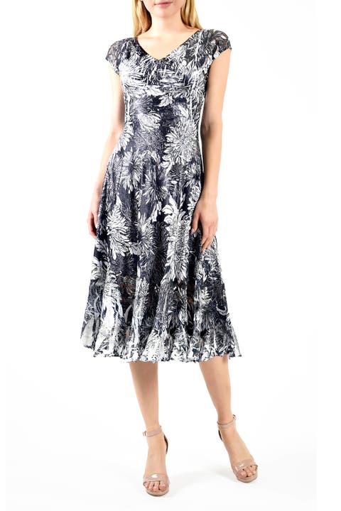 Dhalia Print Cap Sleeve Dress w Lace