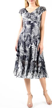 Komarov Dhalia Print Cap Sleeve Dress w Lace