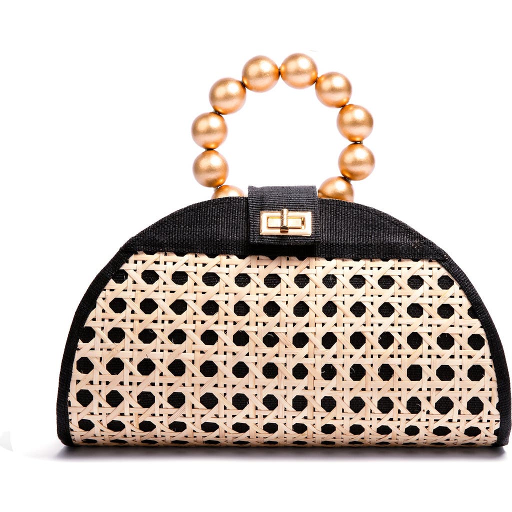 Soli & Sun The Isabella Tan Rattan Solihiya Weave And Gold Bead Top Handle Statement Bag In Black